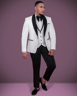 White tux with black shirt online