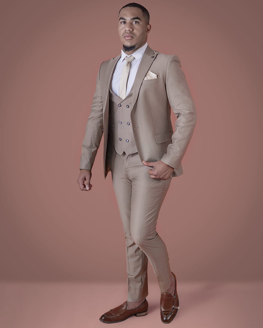 3-Piece Beige Brown Slim Fit Suit