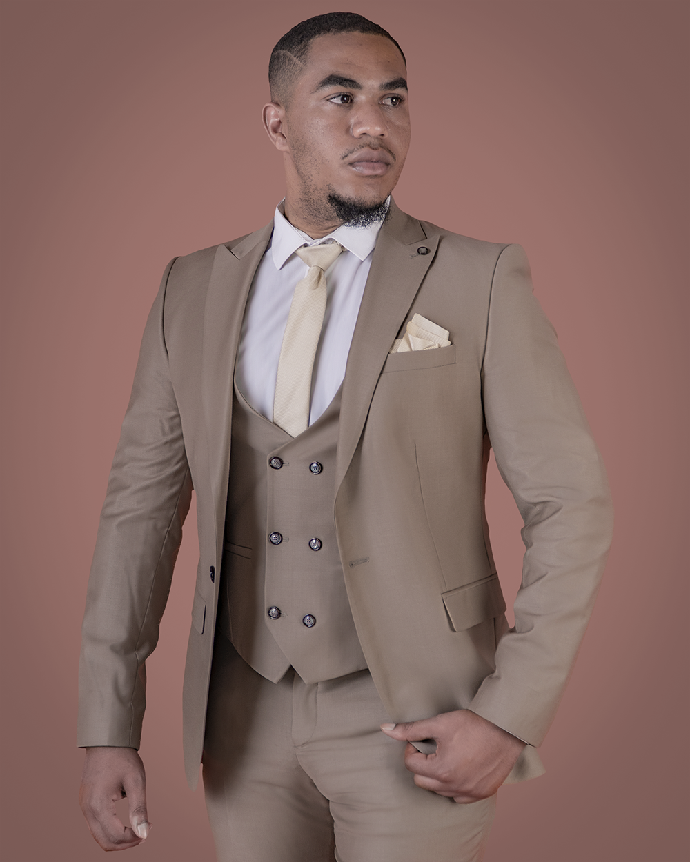 3-Piece Beige Brown Slim Fit Suit