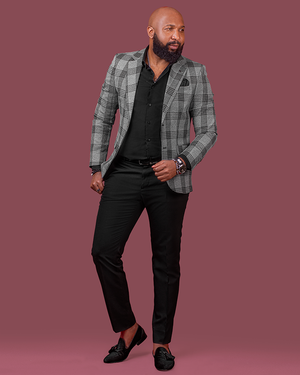 Grey blazer black trousers clearance