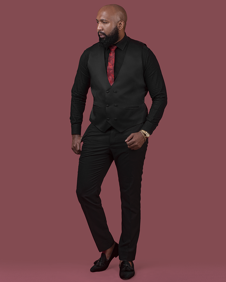 All black tux 2025 with maroon bow tie